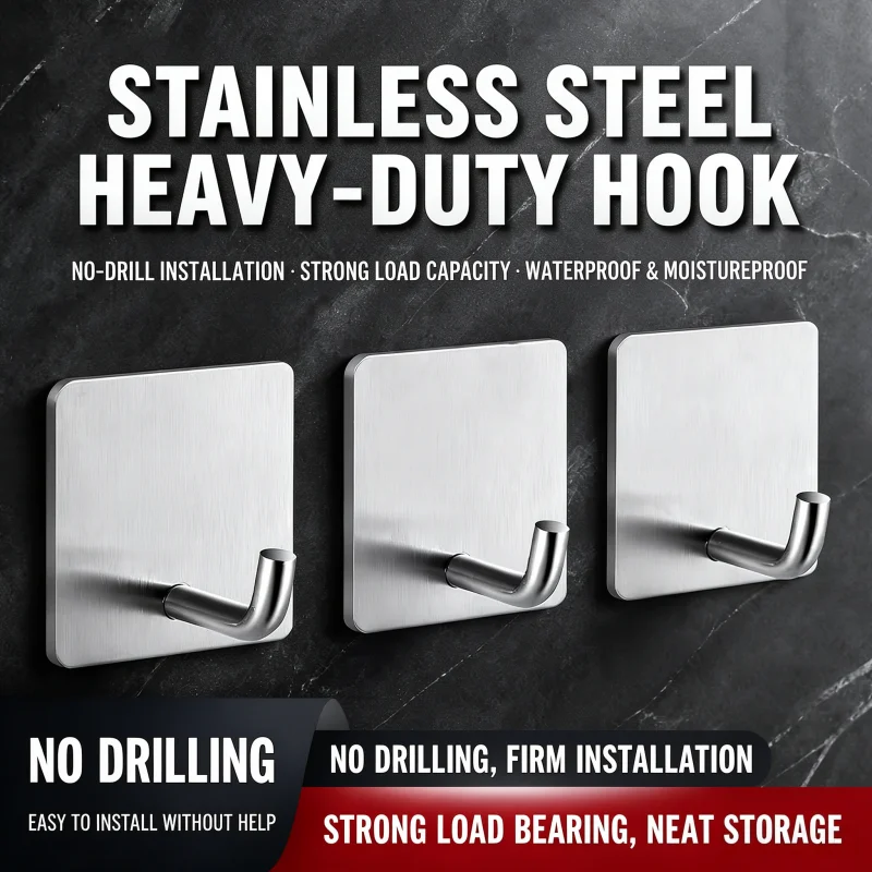 Heavy Duty Self-Adhesive Stainless Steel Hooks, No Nails Wall Hanging Hooks for Home Storage