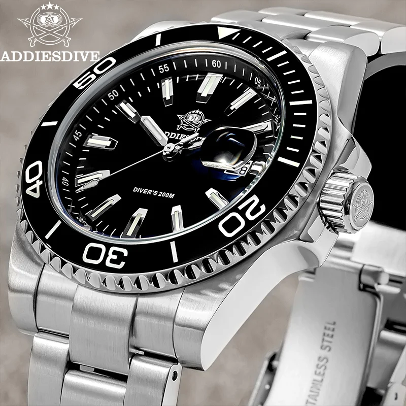ADDIESDIVE 41mm Quartz Watches 200m Waterproof Ceramic Bezel BGW9 Luminous Luxury Diving Watch AR Coating Stainless Men's Watch