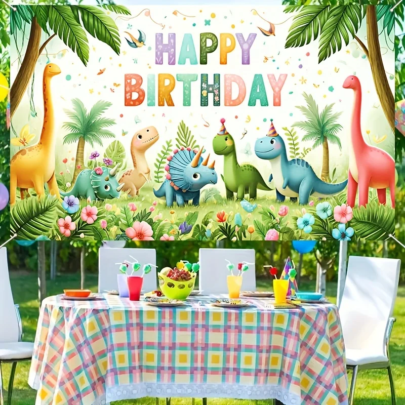 Cartoon Dinosaur Polyester Photo Backdrop Banner - Vibrant Happy Birthday Decorations for Indoor Outdoor Events, Parties