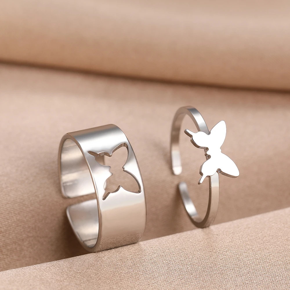 Stainless Steel Rings Vintage Delicate Butterfly Kpop Fashion Adjustable Couple Ring For Women Jewelry Wedding Gifts 2Pcs/set