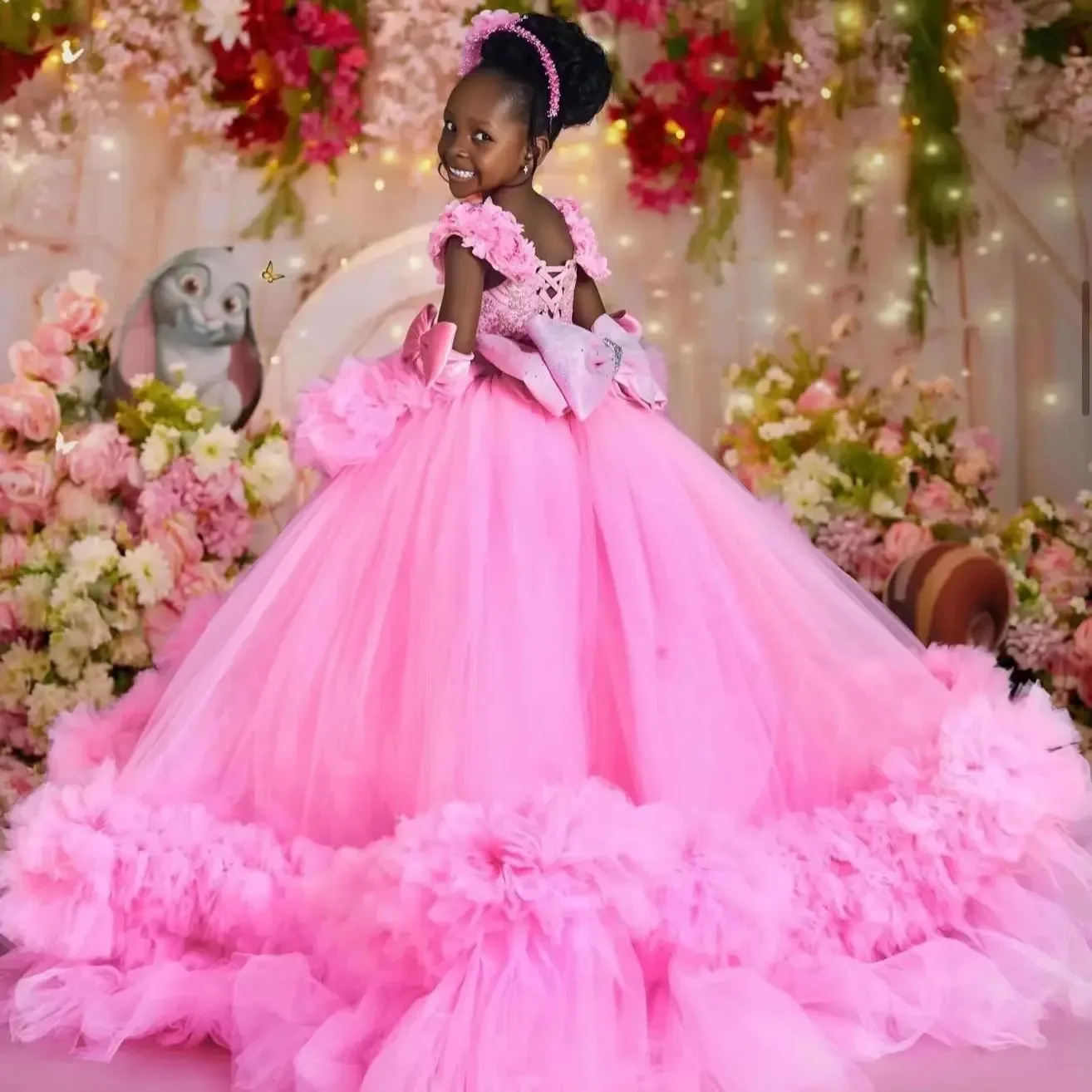 Wedding Birthday Party Pink Princess Girls Birthday Party Dress Ruffles Hand Made Flower Girl Dresses for Wedding Kids Prom Gown