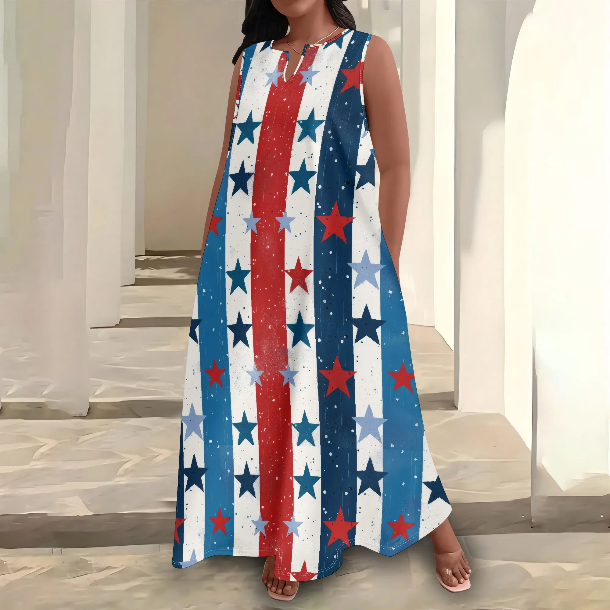 

Plus Size Women's 4th of July Dress XL-6XL American Flag Print Sleeveless Keyhole Neck Loose Fit Maxi Dress with Pockets