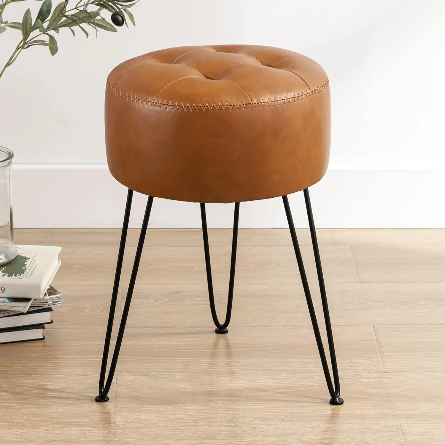 Faux Leather Vanity Stool Chair for Makeup Room, Brown Stool for Vanity, 19” Height, Tufted Small Vanity Chair Stool