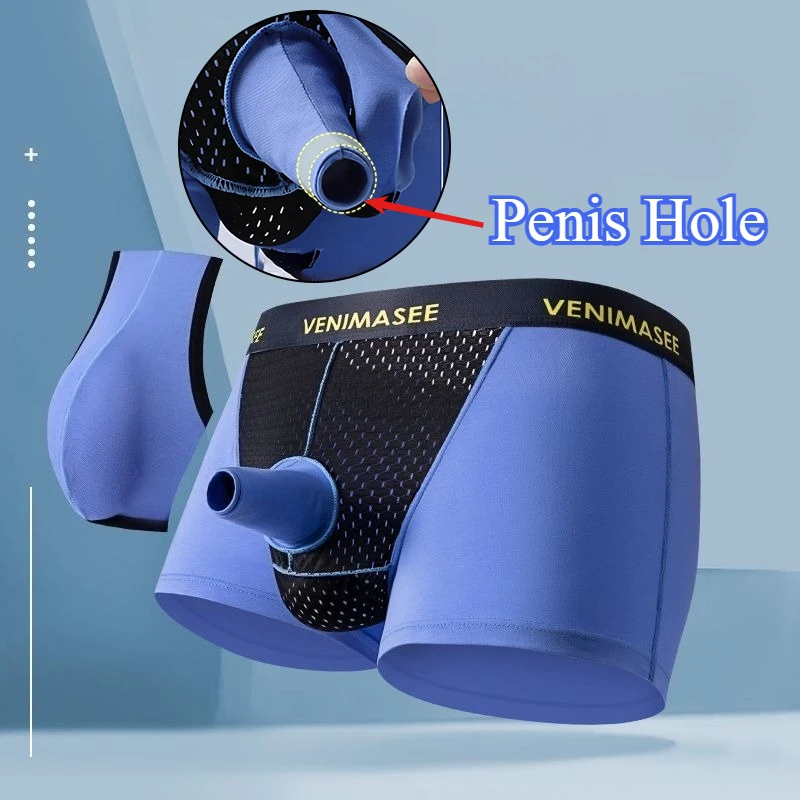Man Penis Hole with Tube Underpants Erotic Body Health Care Enhancing Pouch Design Boxers Underwear Long Foreskin Lingerie Pants