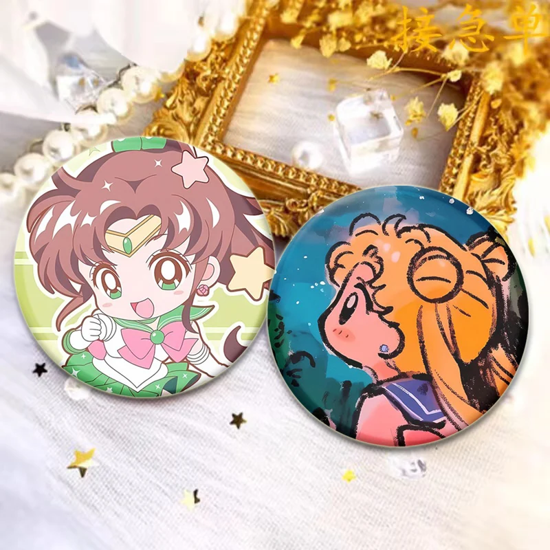 Anime Sailor Warrior Brooches Tsukino Usagi Chibiusa Ami Rei Makoto Cartoon Badge Round Lapel Pins for Backpack Accessorie Gifts