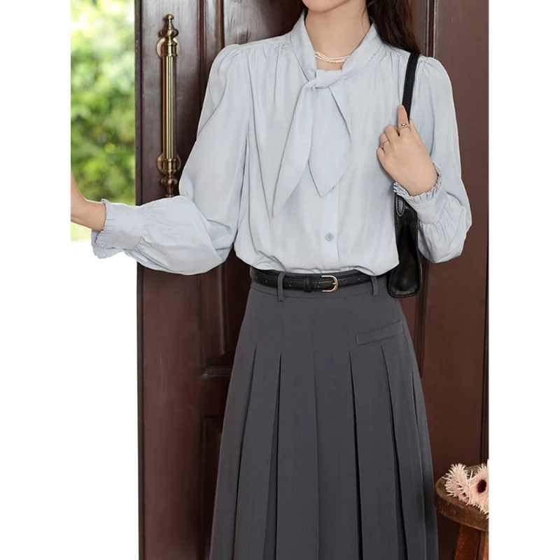 Traje de camisa azul aguamarina Primavera y otoño Diseño elegante Cintura