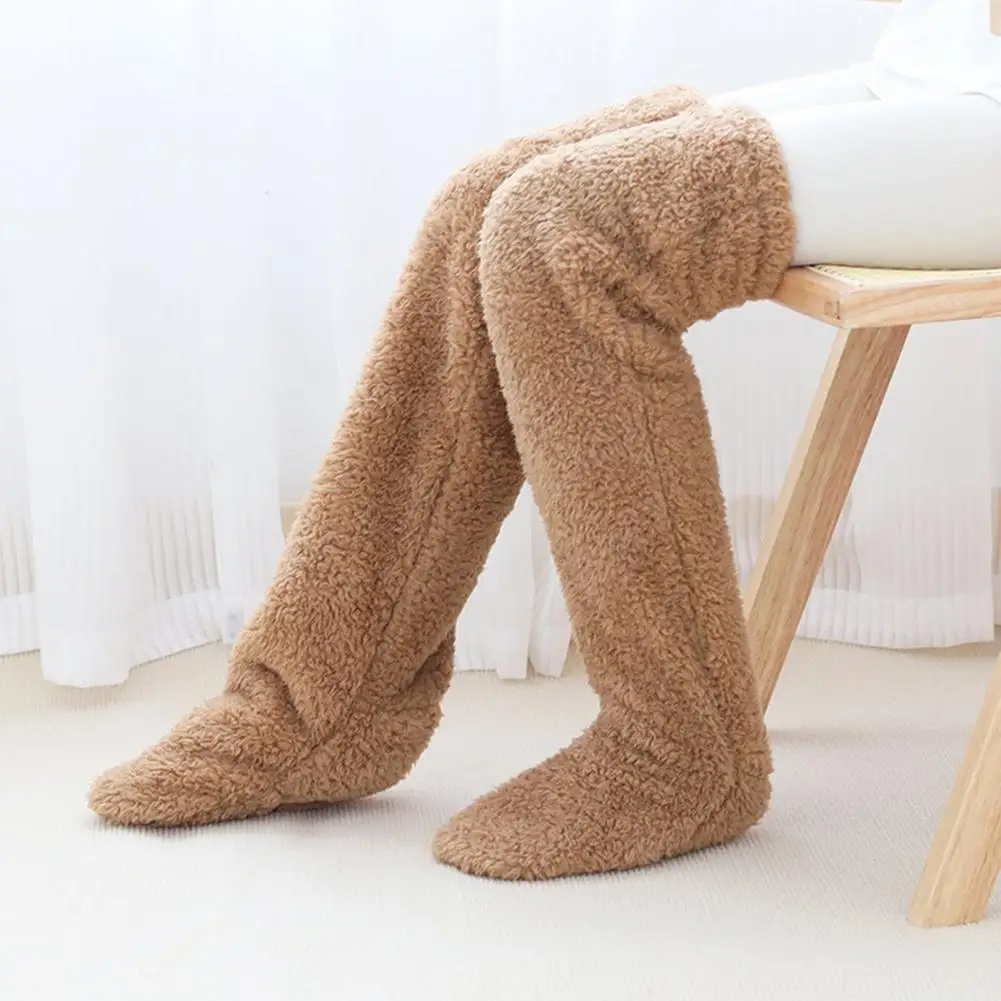 Cozy Thigh High Socks Fuzzy Thigh-high Socks Plush Over Knee Leg Warmers Thickened Fluffy Slipper Socks with Sole Holes Winter