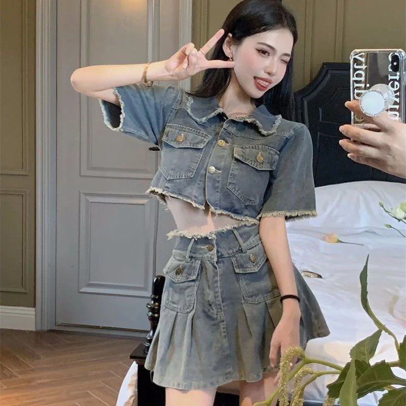 Vintage Burrs Short Shirt Denim Suit Women's New Summer Fashion Loose Sweet High Waist Jeans Skirt +Short Skirt Two-Piece Set