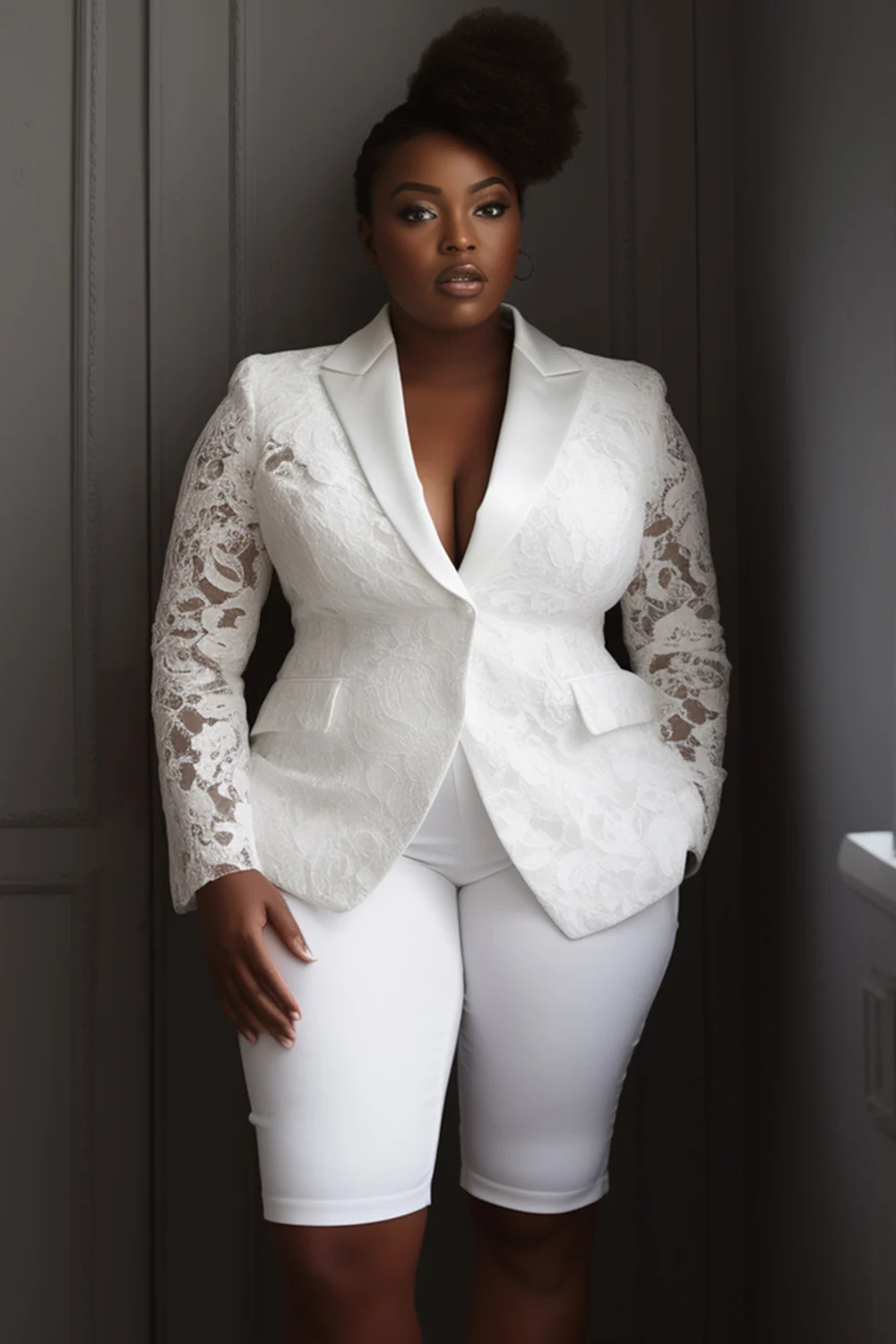 Plus Size Mother Of The Bride White Lapel Collar Long Sleeve Contrast Pocket Lace Two Piece Pant Suits