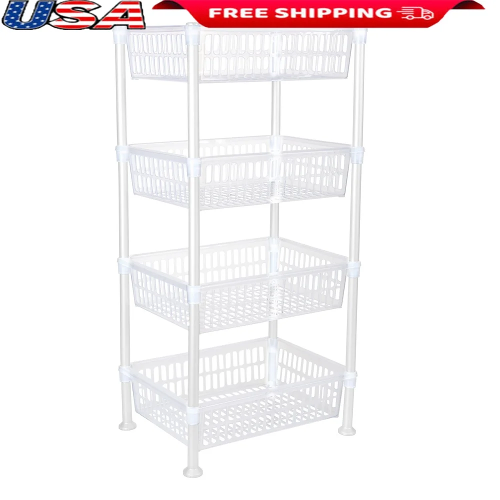 

Freestanding Slim 4 Tier Plastic Storage Shelf Kitchen Bathroom Office Easy Assembly Space Saving Solution