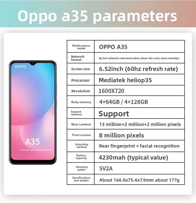 هاتف OPPO A35 الذكي، شاشة 6.52 بوصة، ترقية 4 جيجابايت + 128 جيجابايت 8 جيجابايت + 256 جيجابايت، كاميرا ثلاثية 13 ميجابكسل، هواتف ذكية ببطارية 4230 مللي أمبير في الساعة