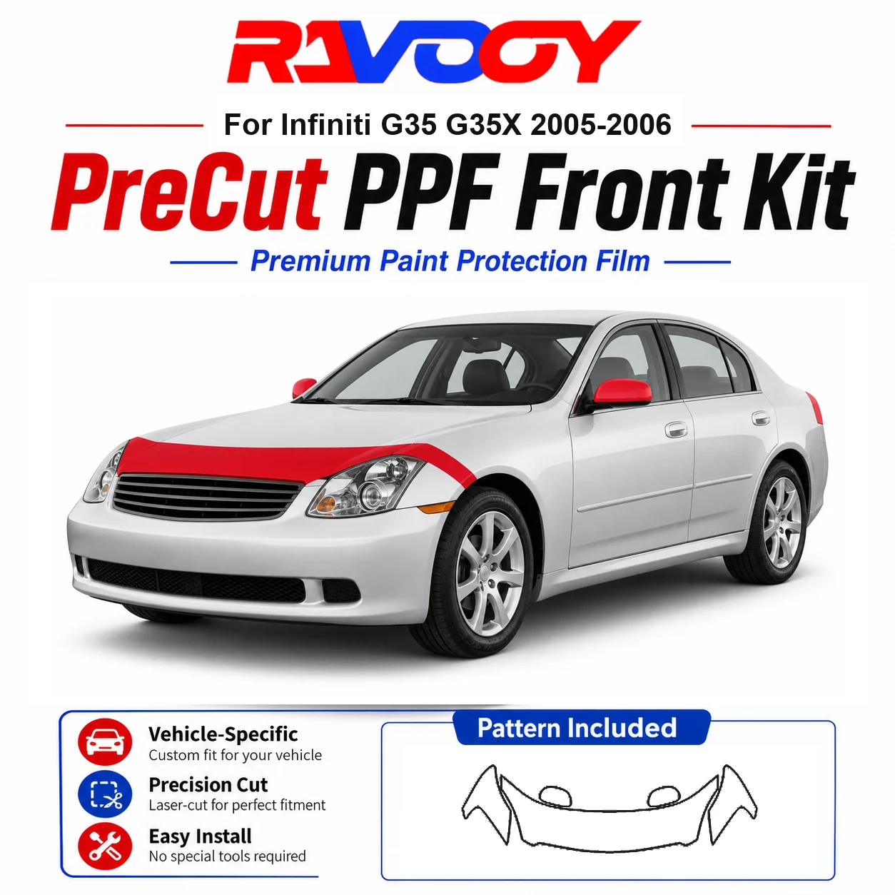 

8.5mil TPU Precut PPF Kit For Infiniti G35 G35X 2005-2006 - Hood, Fenders & Mirror Set - Self-Healing Clear Bra Film