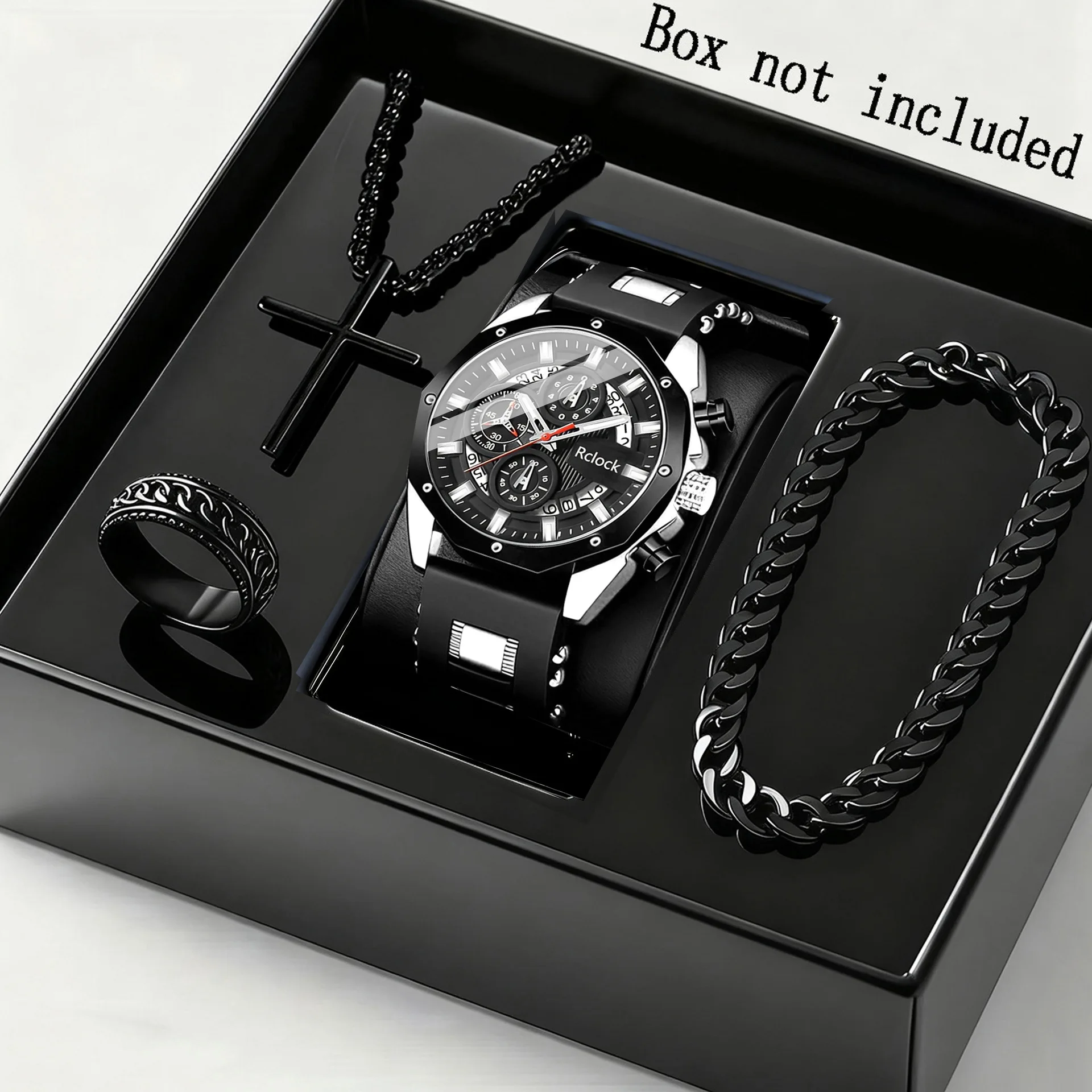 

4pcs Fashion Men's Watch Case Business Leisure Watch Bracelet Cross Necklace Watch Set