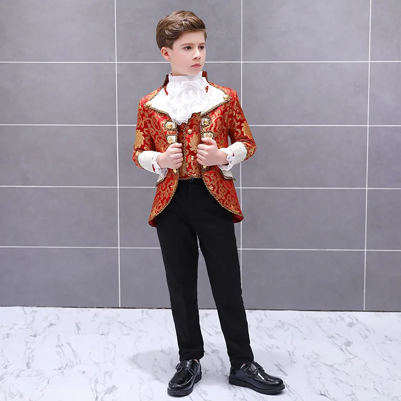 Boys Tuxedo Suit Children's Slim Fit Court Prince Embroidery Dress For Prom Party Wedding Kids Drama Stage Performance Costume