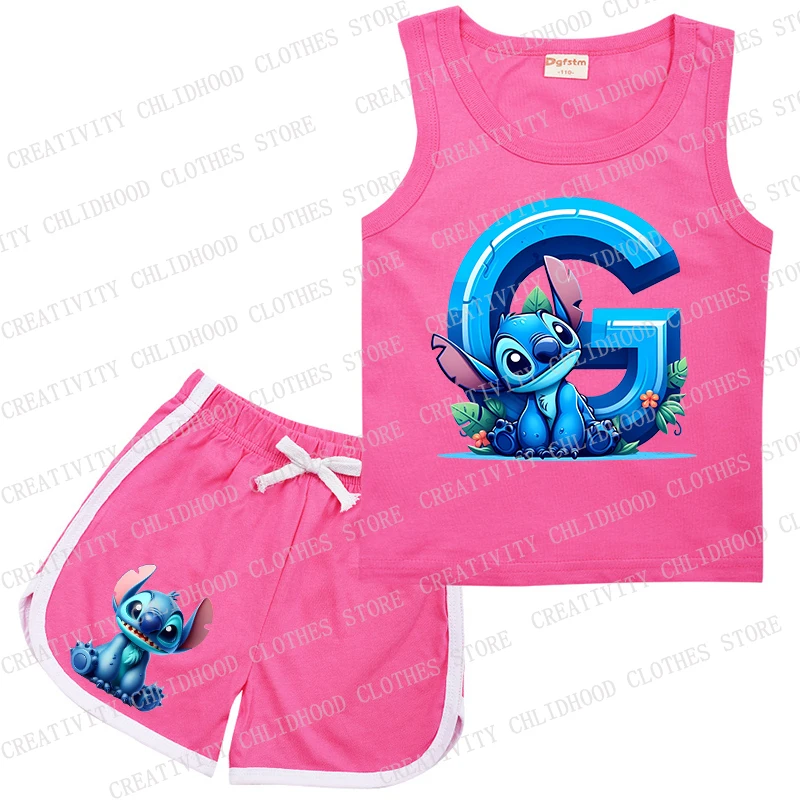 Garnitur dziecięcy Stitch Letter A -Z Sports Rose Clothes Casual Sleeveless Girl Boy Kamizelka i szorty 2Pcs Zestawy dla dzieci Odzież letnia