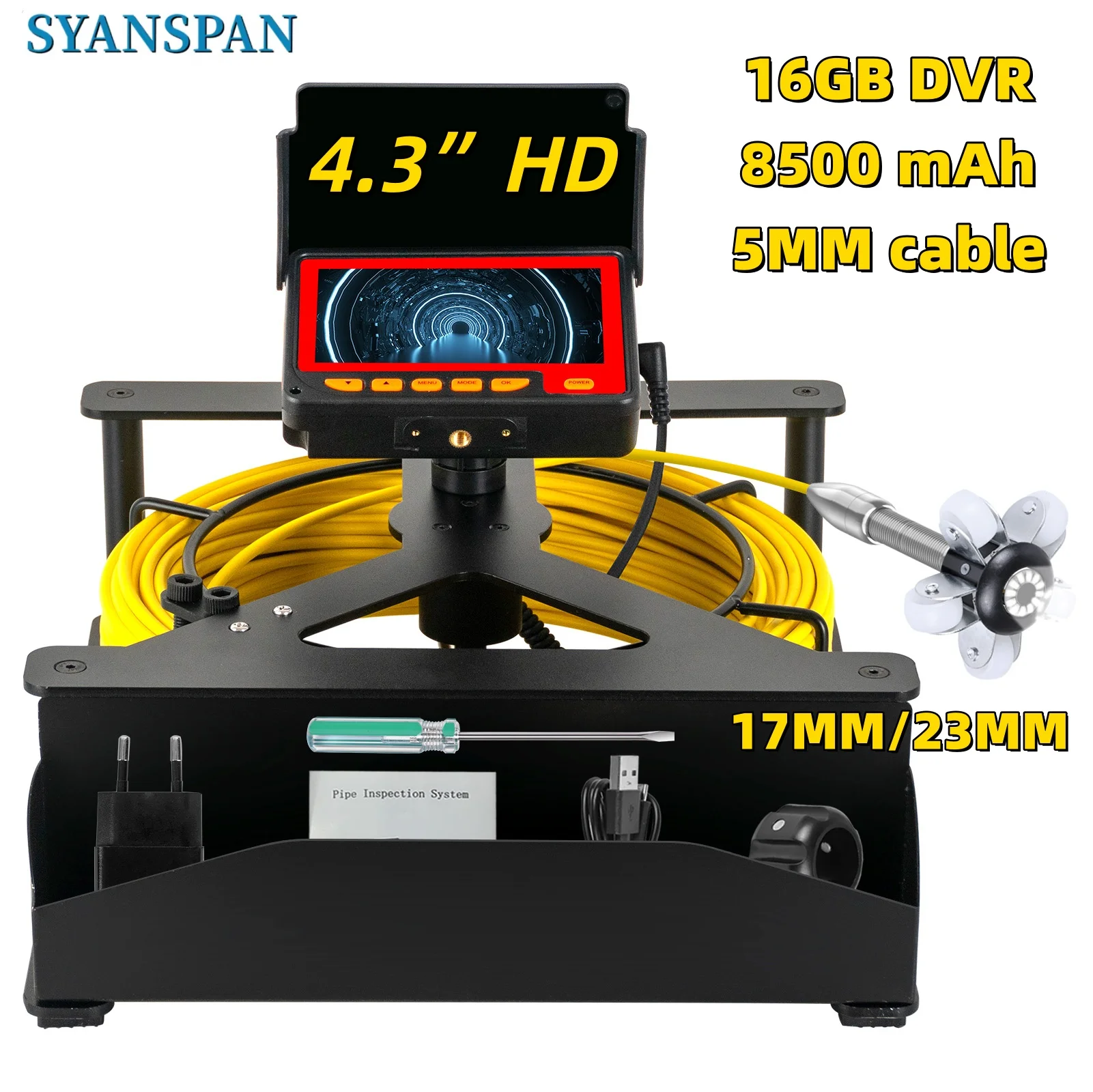 

Камера для осмотра канализационных труб SYANSPAN с видеозаписью на DVR 16 ГБ, промышленный эндоскоп для дренажных систем, водонепроницаемая, аккумулятор 8500 мАч, 20/30/50 м