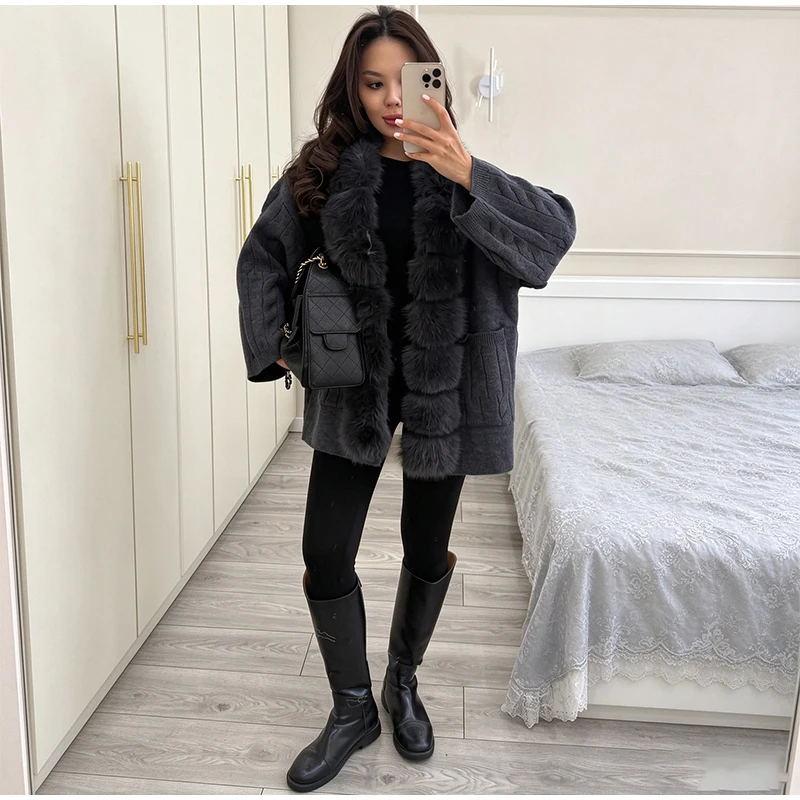 Cable Knit Cardigan with Faux Fur Collar — product details 30
