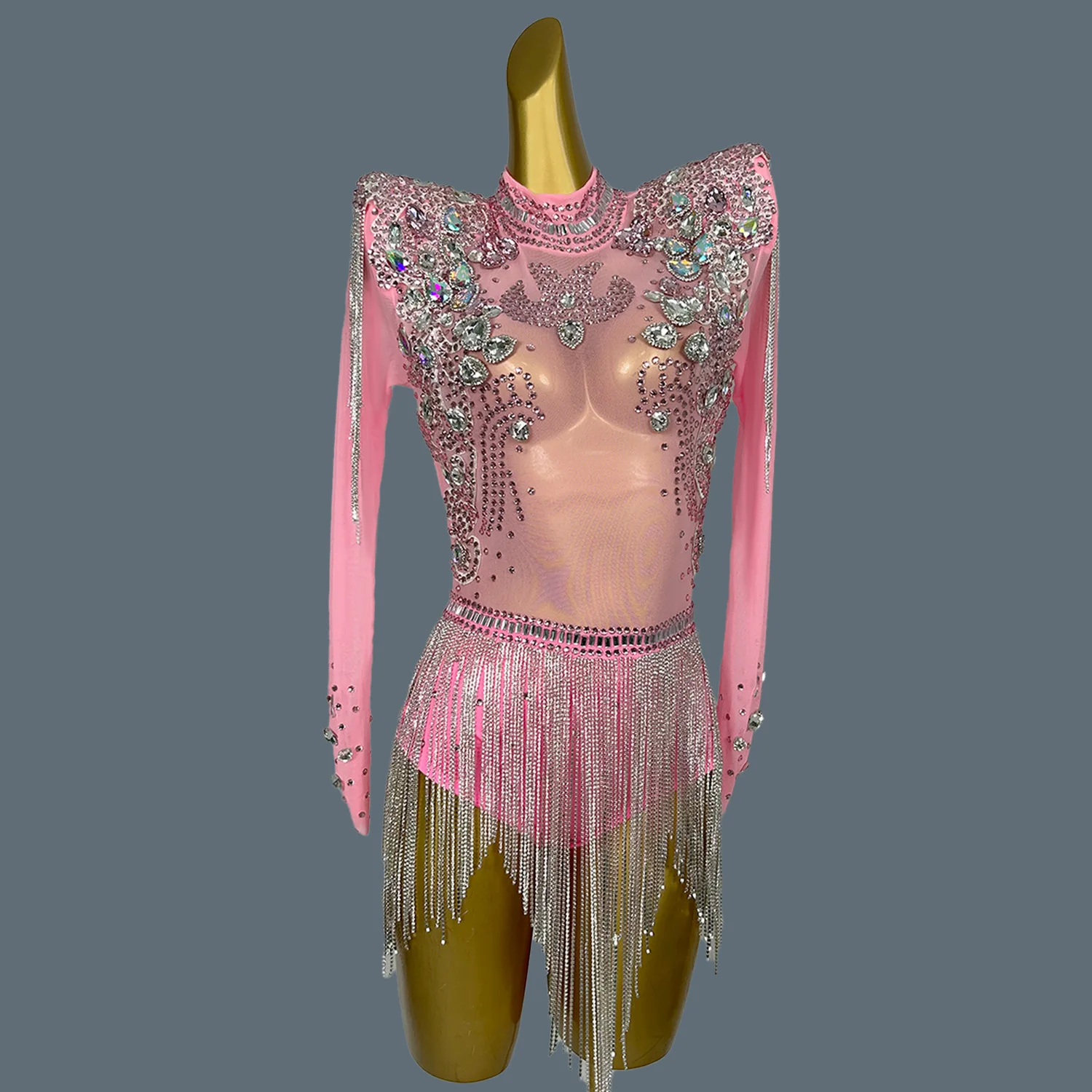 

Sparkly Rhinestones Fringes Bodysuit Sexy Pink Mesh Dancer Birthday Evening Party Performance Stage Suit Wear Bolihuanghou