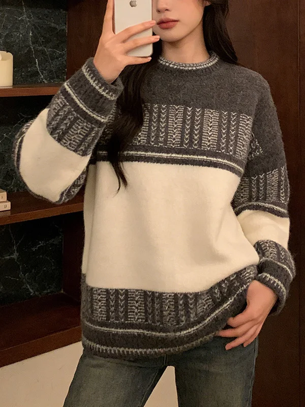 

Loose Fit Knitted Sweater Women's round Neck Long Sleeve Soft Breathable Vintage Color Block Floral Embroidery plus Size Spring