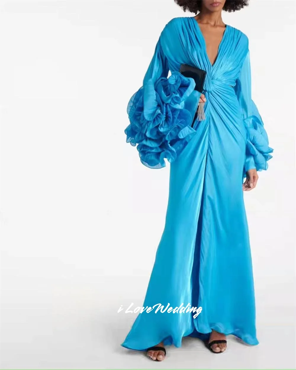 

Blue V-Neck Prom Dress 2025 Long Sleeve A-Line Ruffles Floor-Length Mermaid Evening Dress Pleated Wedding Party Dress Customized