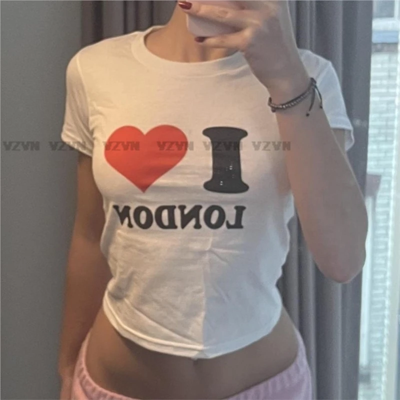 Girls Summer vintage Crop Tops Harajuku Punk I Love London Lettrer T Shirt Short Sleeve fashion Clothes y2k emo o-neck Baby tees