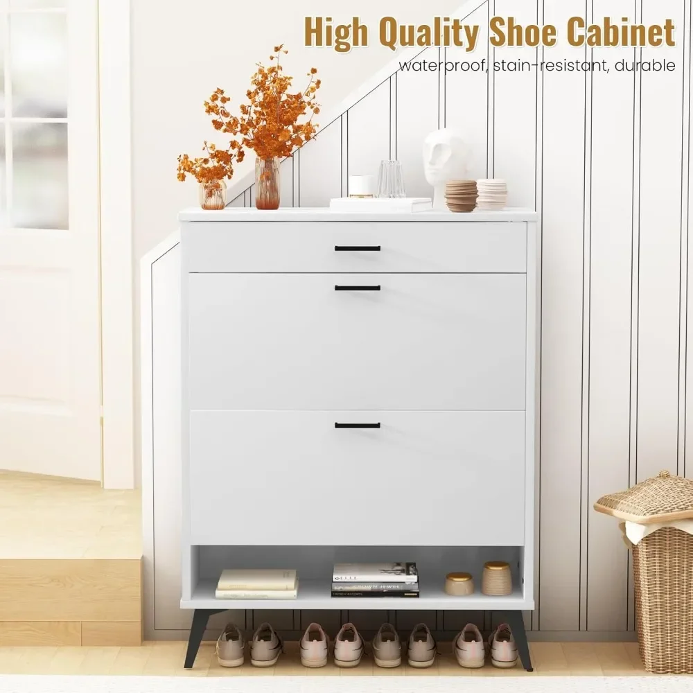 Shoe Storage Cabinet for Entryway, Free Standing Shoe Organizer with 2 Flip Drawers，Hidden Shoe Rack Storage Organizer