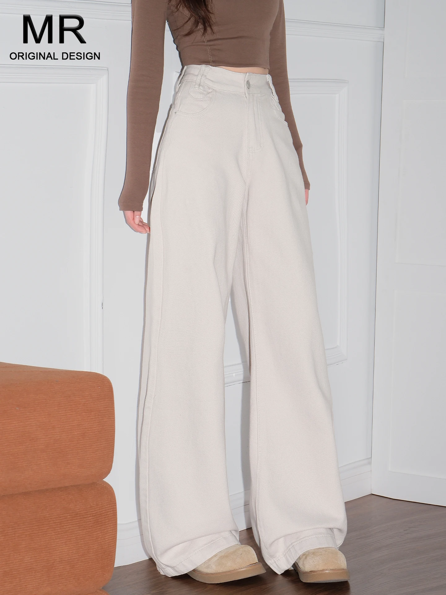

Laid-back American Style High Waist Button Fly Denim Jeans Women's Loose Drapey Floor-Length Straight Wide Leg Pants