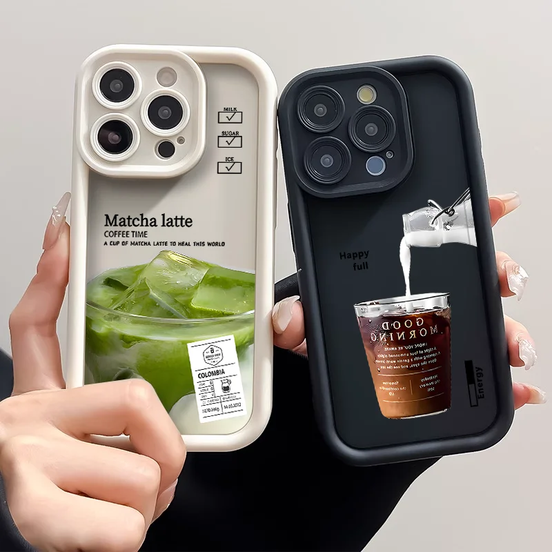 مضحك القهوة المثلجة قضية الهاتف آيفون 16 15 114 13 12 11 برو ماكس Mini XR SE2 7 8 14 15Plus لطيف الكرتون ماتشا الحليب غطاء ناعم