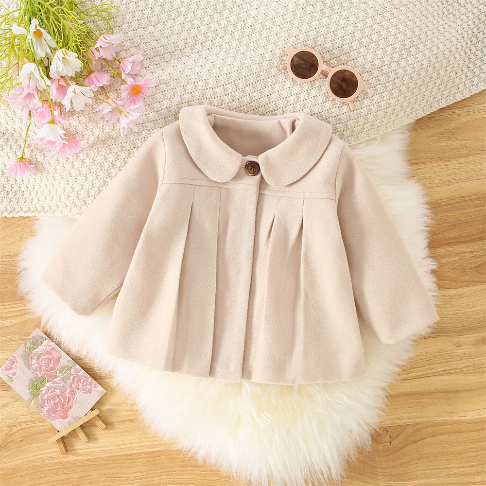 Girls' Outerwear Autumn And Winter Solid Color Casual Collar Baby Girl's Woolen Coat, Outdoor Warm Children's Woolen Coat