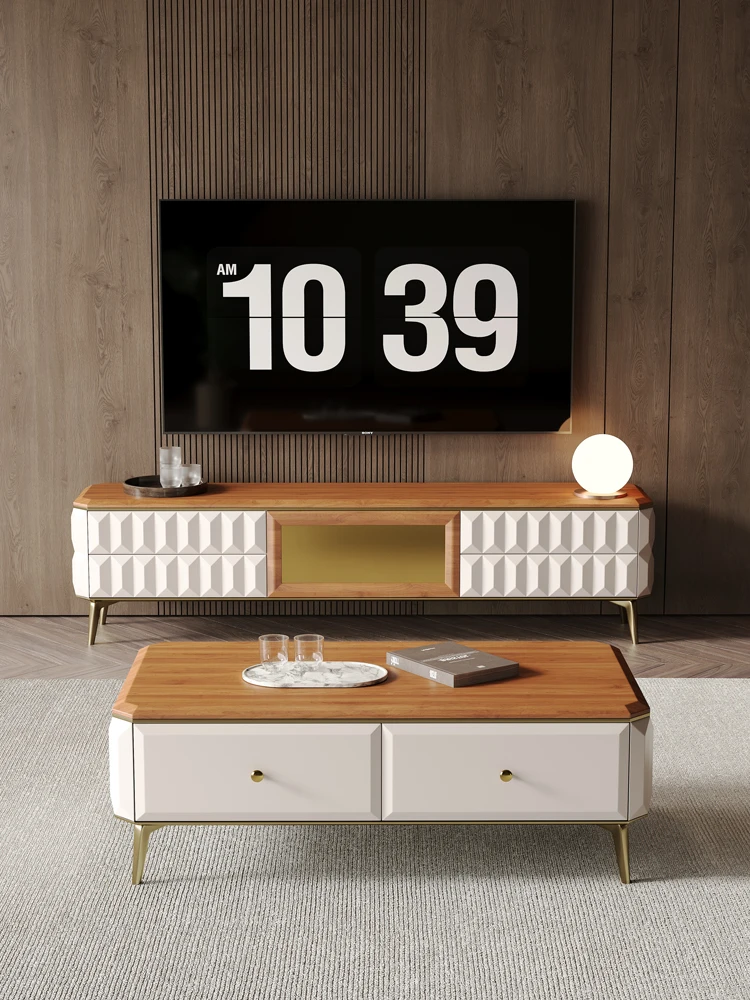 Modern simple living room home light luxury high-end small apartment design natural solid wood coffee table TV cabinet