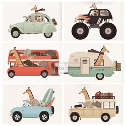 Funny Animals on Car Poster Nursery Cartoon Animals Adventure Prints Canvas Painting Wall Art Pictures Home Kids Room Decoration