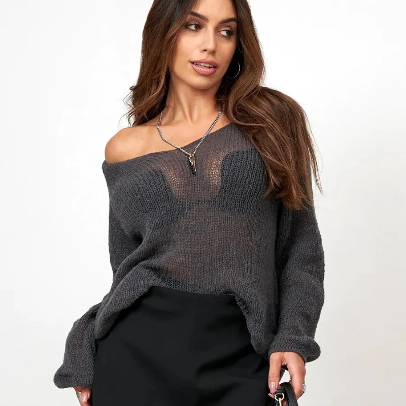 Sheer V-Neck Knitted Women's Long Sleeve Top Loose Hollow Out Soft Cozy Warm Sexy Baddie Party Club Autumn Winter Knit T-shirt