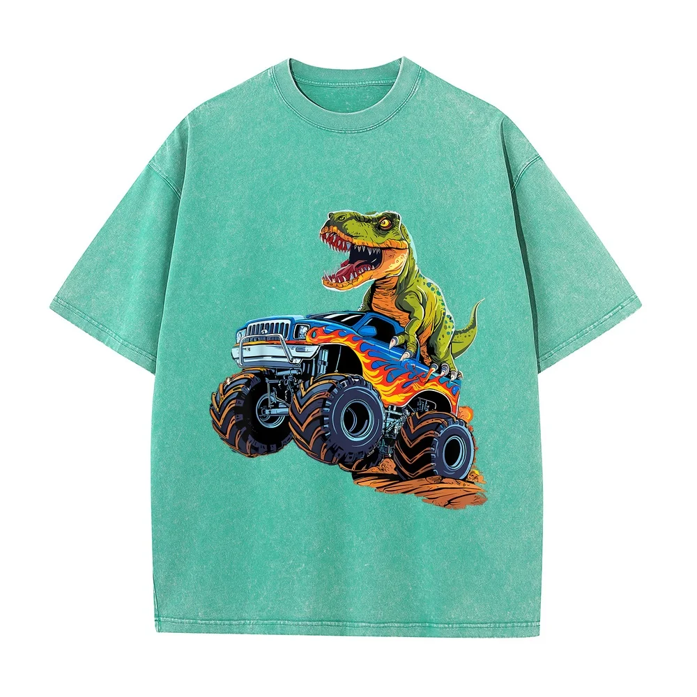 Monster Truck Dinosaur Birthday Party Boy T-Shirt Men's Short Shirts Men Anime Green Sleeve Tee Graphic Summer Top Casual Humor
