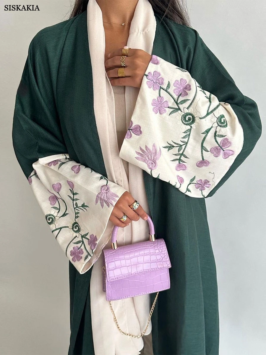 Siskakia Embroidery Open Dubai Abayas For Muslim Woman Elegant Casual Loose Moroccan Saudi Turkish Cardigan Fashion Kaftan 2024