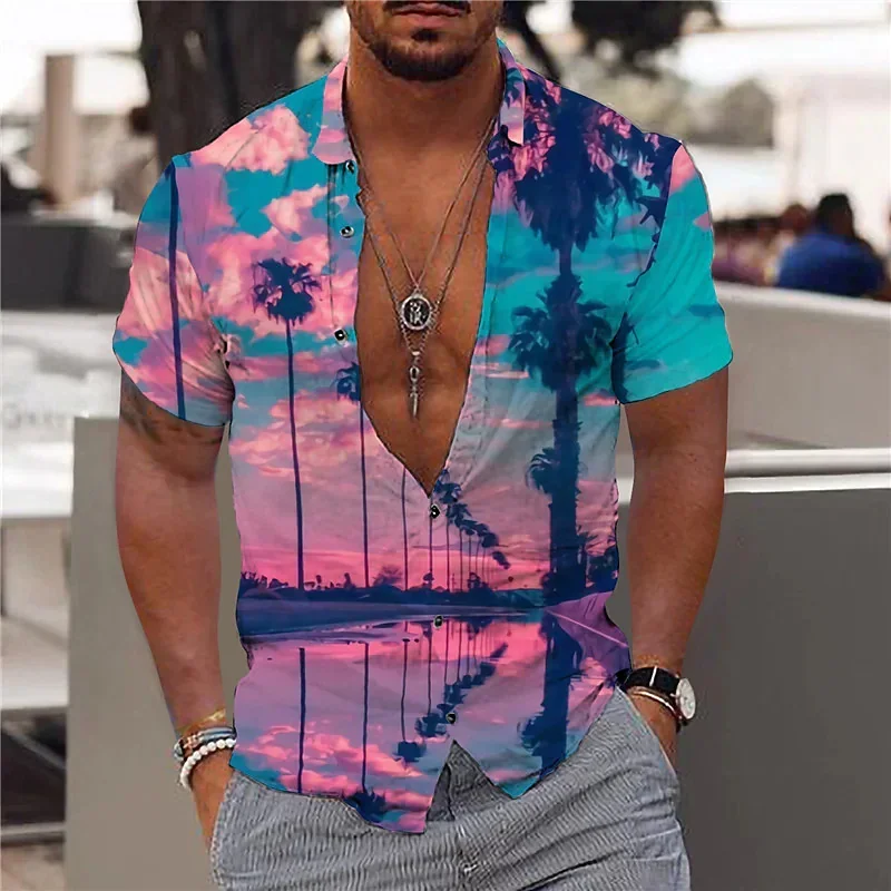 Camicia da uomo hawaiana estiva 2024 vacanza quotidiana Slim-fit Top palestra elegante motivo floreale foglie società moda Casual