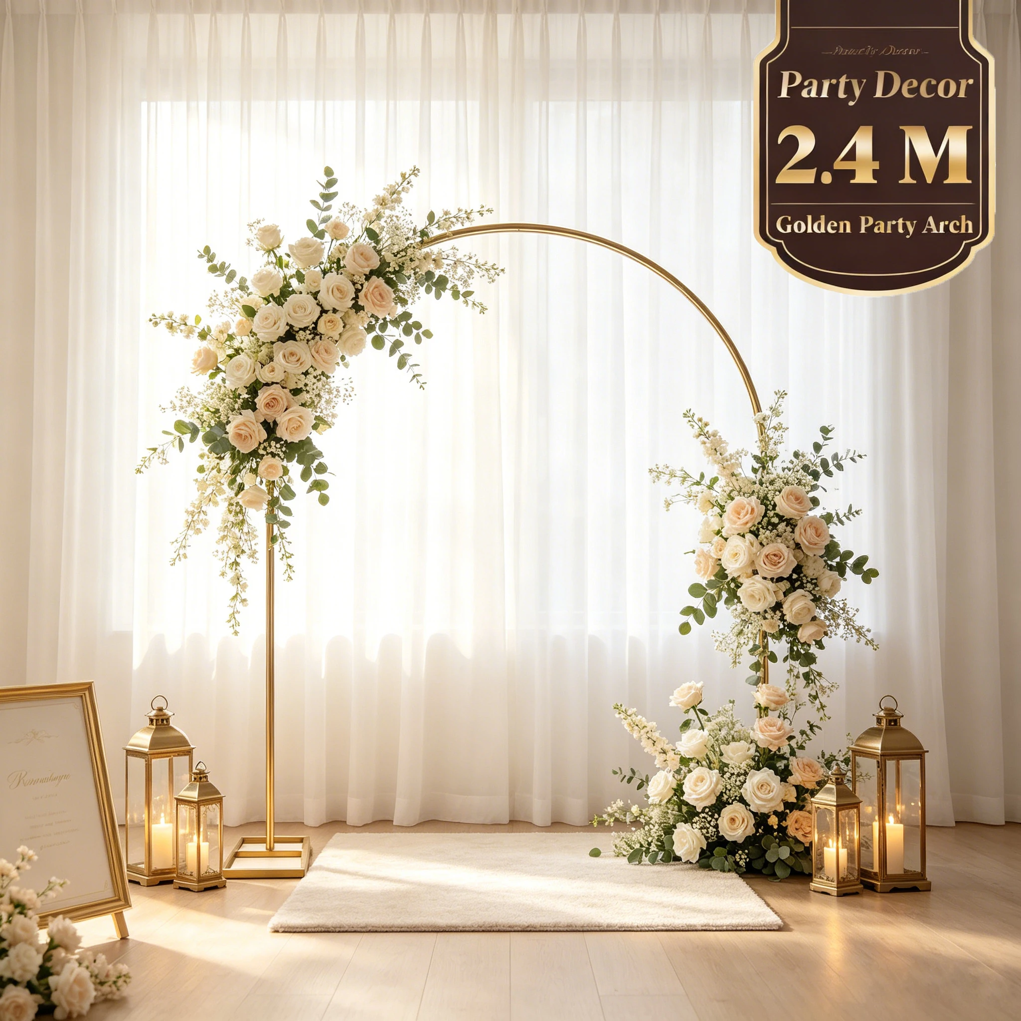 Arche de toile de fond en métal doré de 2,4 m, support robuste et réutilisable pour ballons et fleurs, idéal pour mariages, fêtes prénuptiales, anniversaires, Noël, Halloween et toutes les décorations de fêtes.