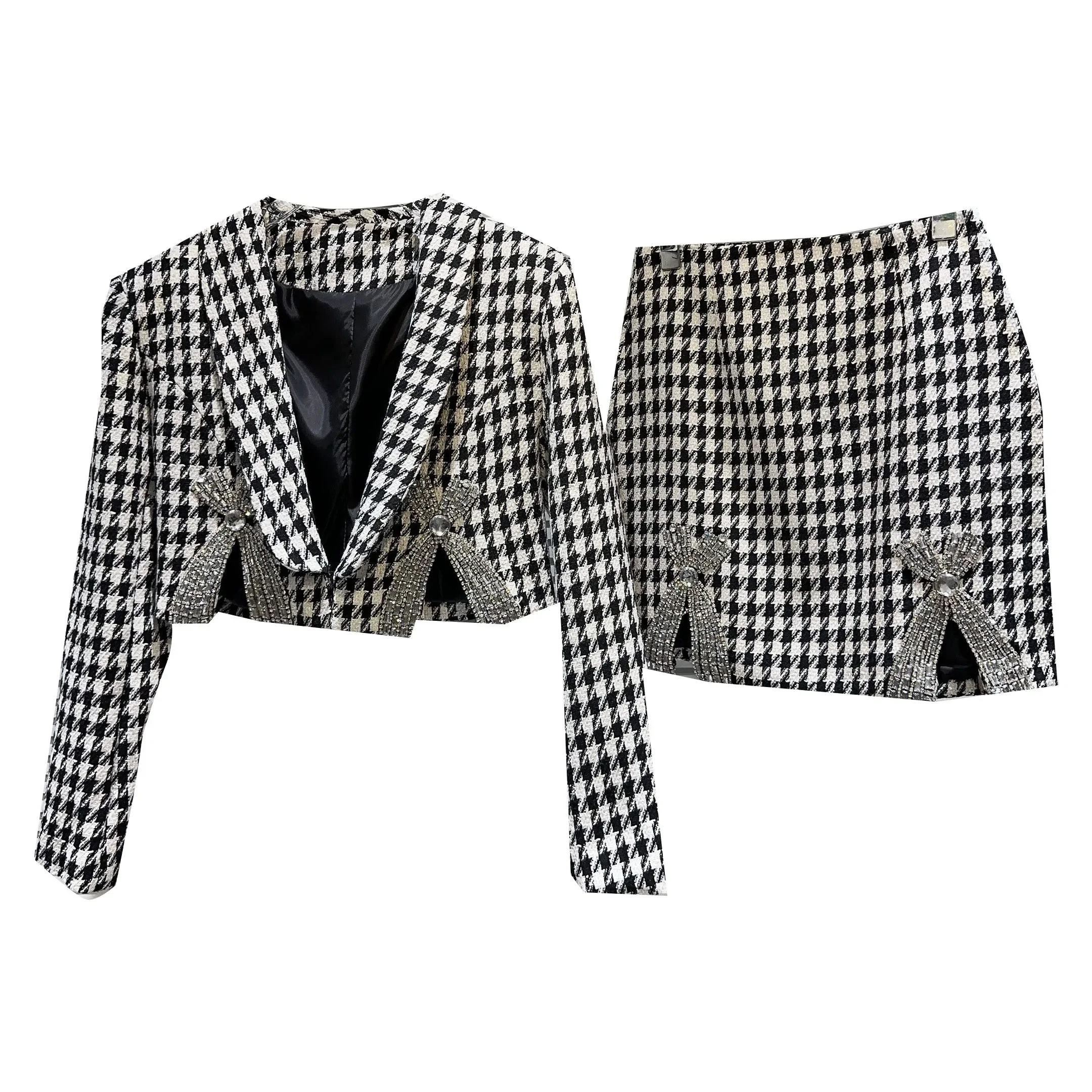 Skirt Suits Women 2023 Autumn New Heavy Industry Bow Suit Collar Short Coat Sweet Temperament Plaid Short Skirt Two-Piece Sets