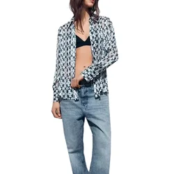 Women's Printed Shirt with Metal Thread Decoration, Casual and Versatile, Long Sleeved, Single Breasted Top, New