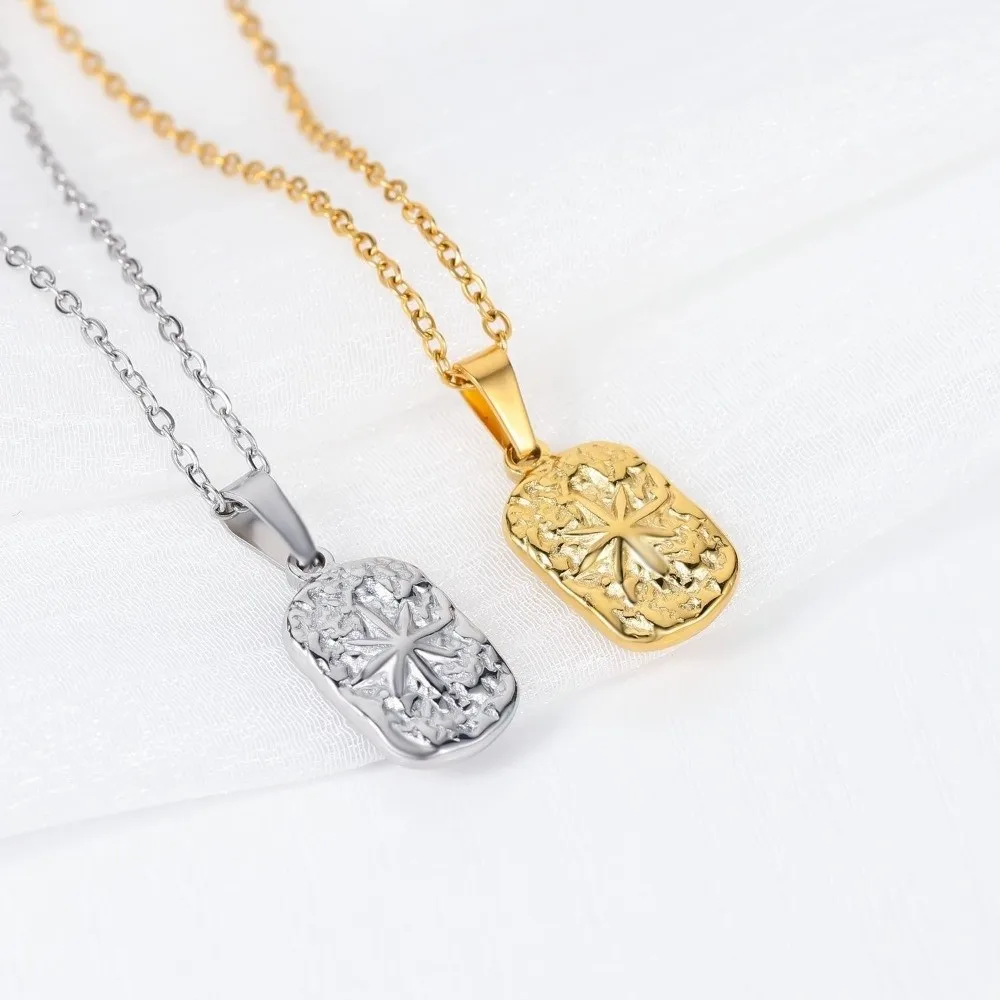 Hammered Finish Stainless Steel Pendant Necklace Non Fading With Chain Compass Pendant Necklace Eight Point Star Design