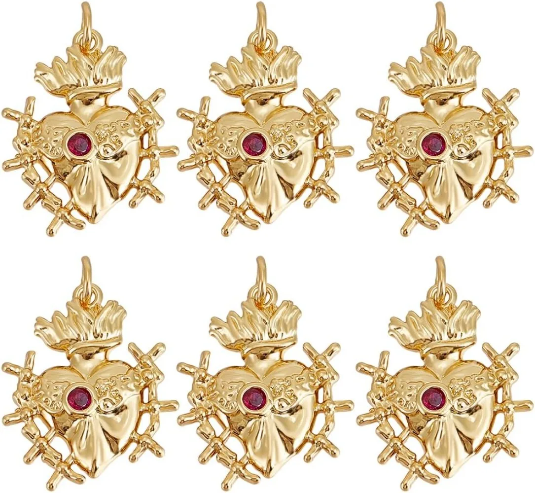 6Pcs Sacred Heart Charms 18K Gold Plated Cubic Zirconia Deep Pink Gemstone Mexican Milagros Love Shape Pendants making kit