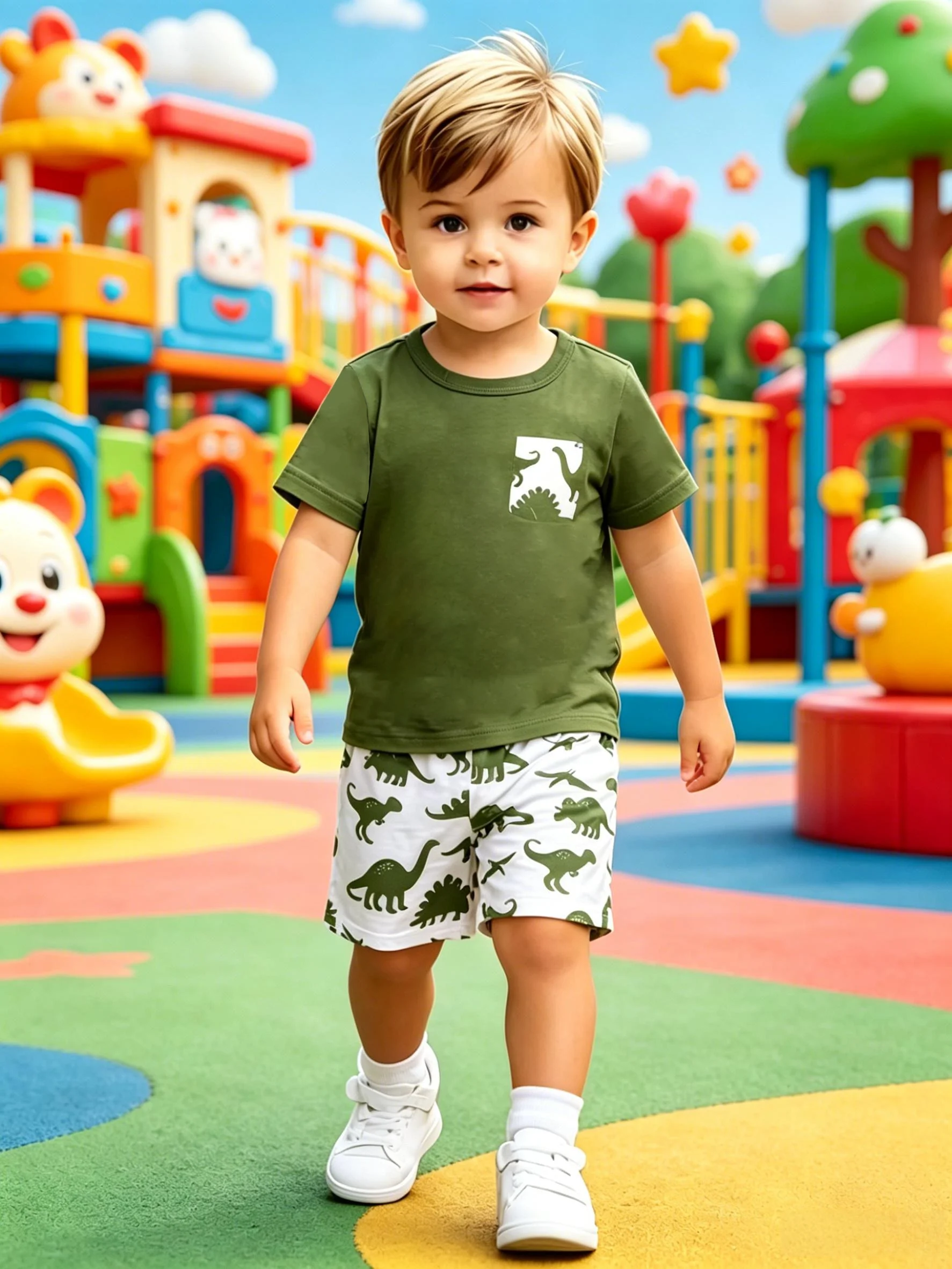 Fun Style Dinosaur Full Print Boys Short Sleeve Shorts Set Summer New Arrival