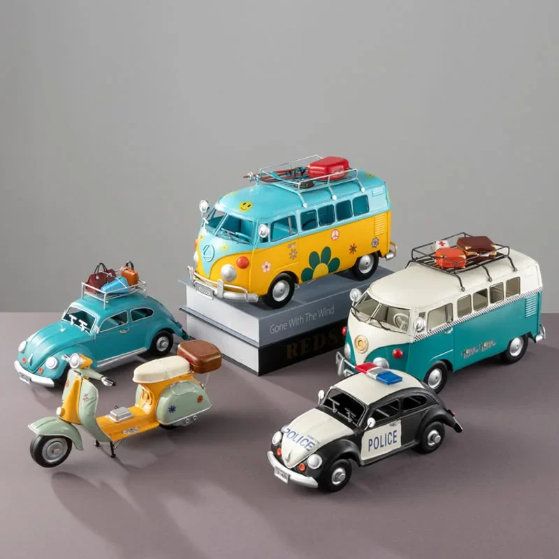 Handmade Metal Car Decoration Ornaments Iron Mini Bus Figurines Children Birthday Gifts Bookcase Decoratios Artware