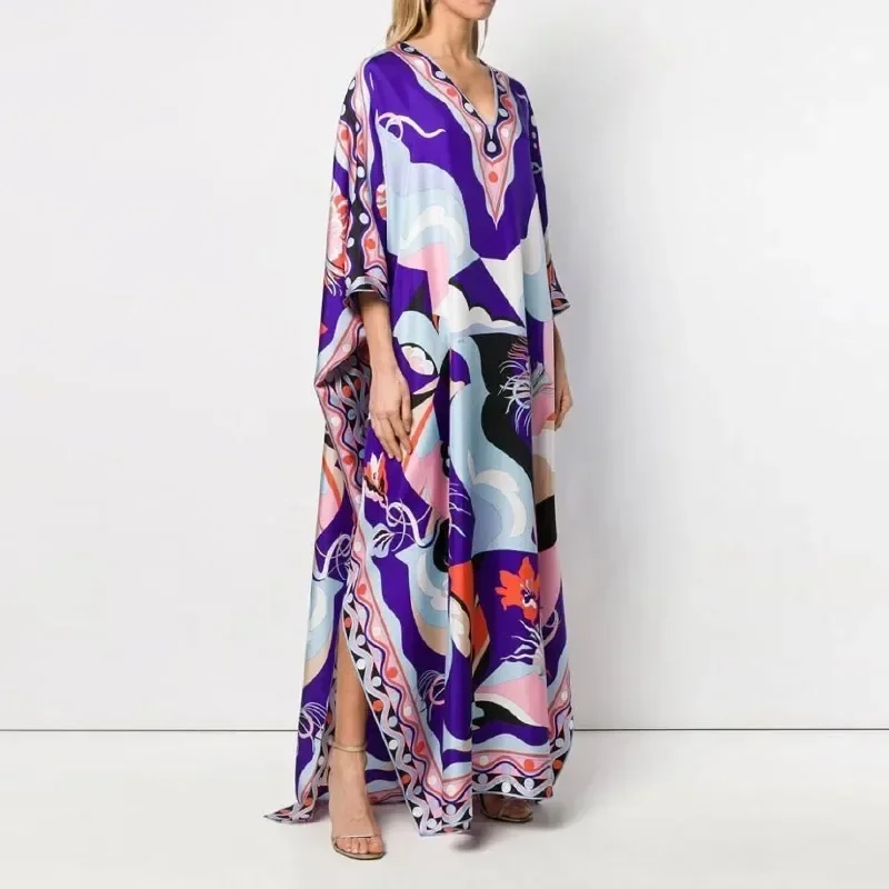 Robe Maxi Élégante à Imprimé Floral pour Femme, Col en V, Respiré, Longue, Style Boho, Décontractée, Fendue, Éducative, Été, 2023