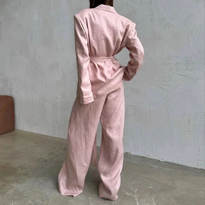 Office Pink Plunging Neckline Sleeve Tops Suit Pure Cotton Pants Outfits Elegant Pockets Lace-Up Loose 2 Piece Sets