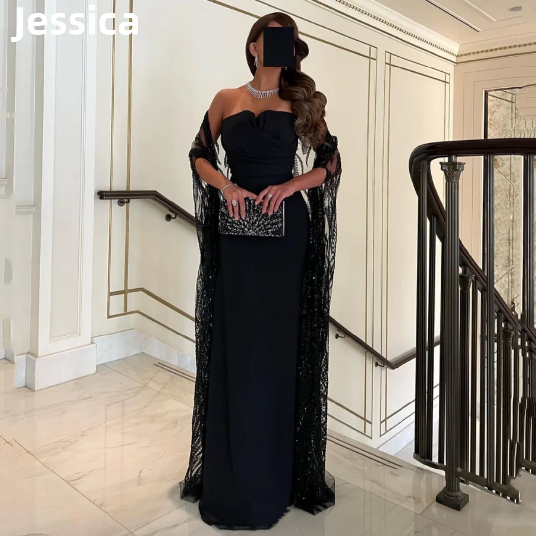 Jessica-vestidos de graduación negros con capa brillante para mujer, vestido de noche Árabe de Dubai, vestido de sirena elegante para mujer, vestido de fiesta para mujer