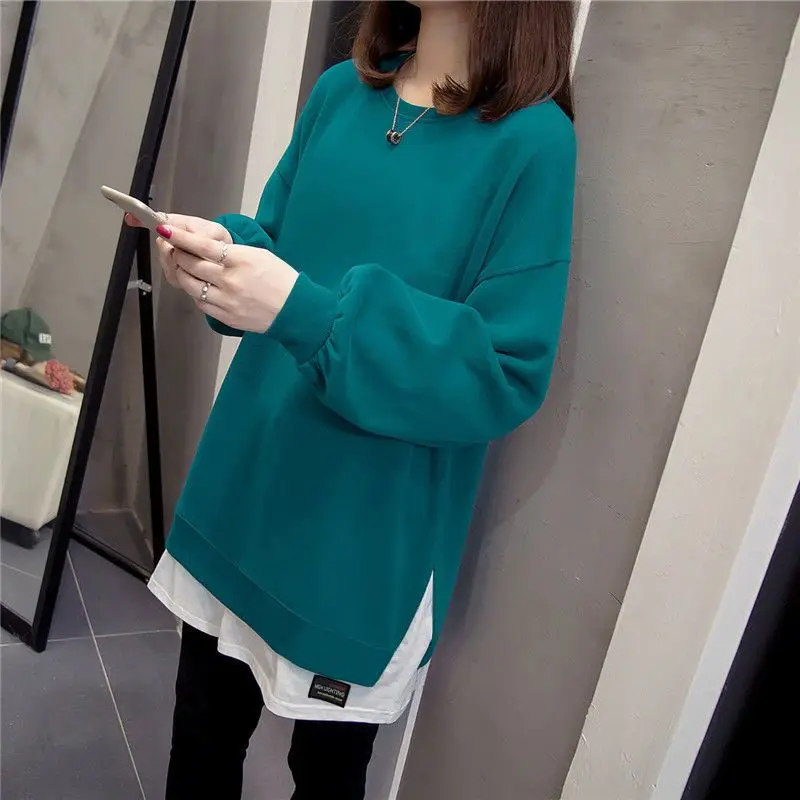 

Spring Autumn New Plus Size Fake Two Piece T Shirts Long Sleeve Solid O-Neck All-match Tops Tees Casual Fashion Women Clothing