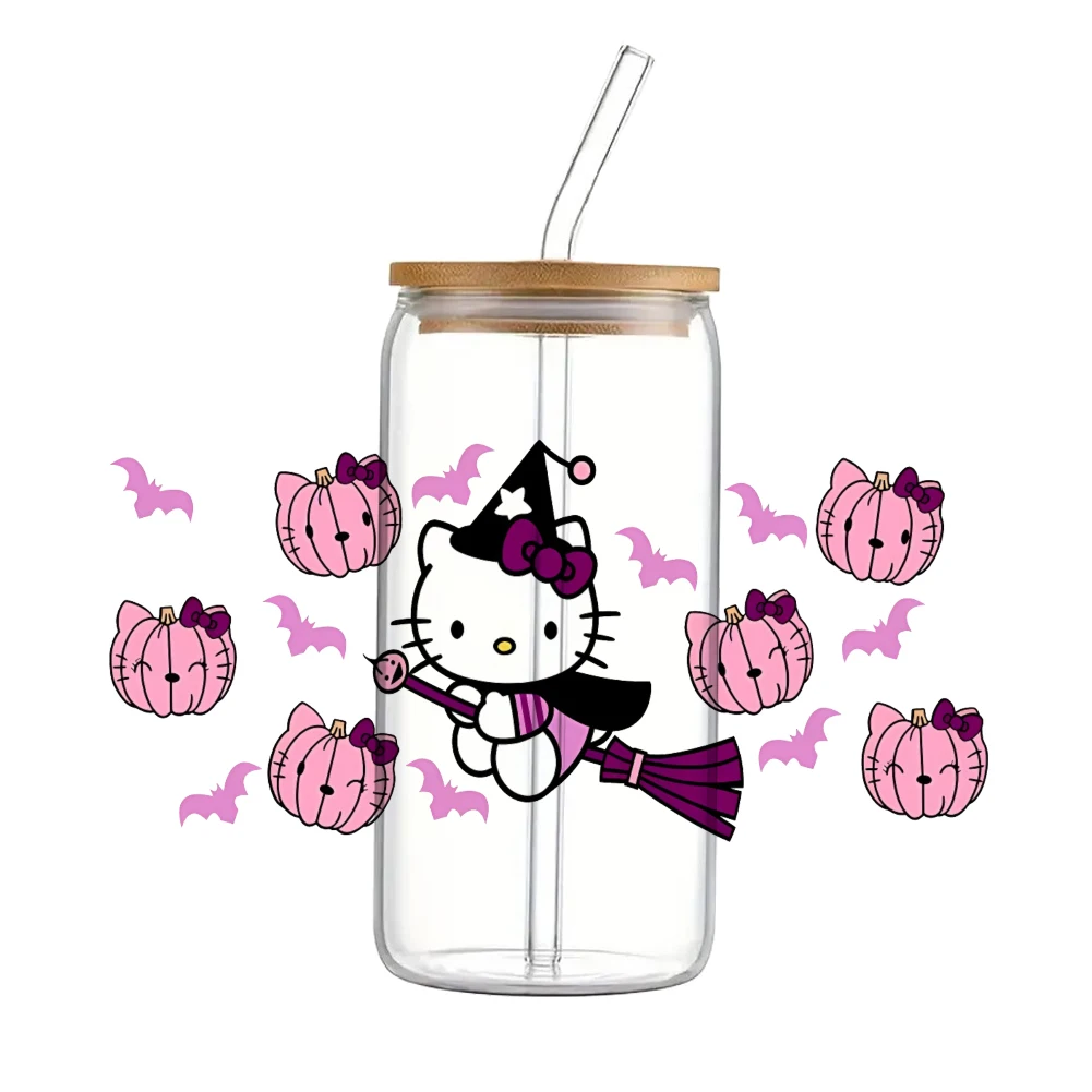 Hello Kitty Sanrio Halloween para liberbey 16oz Can Glass 3D Waterproof UV DTF Coffee Can Wrap, Diy Glass Wrap, cartoon