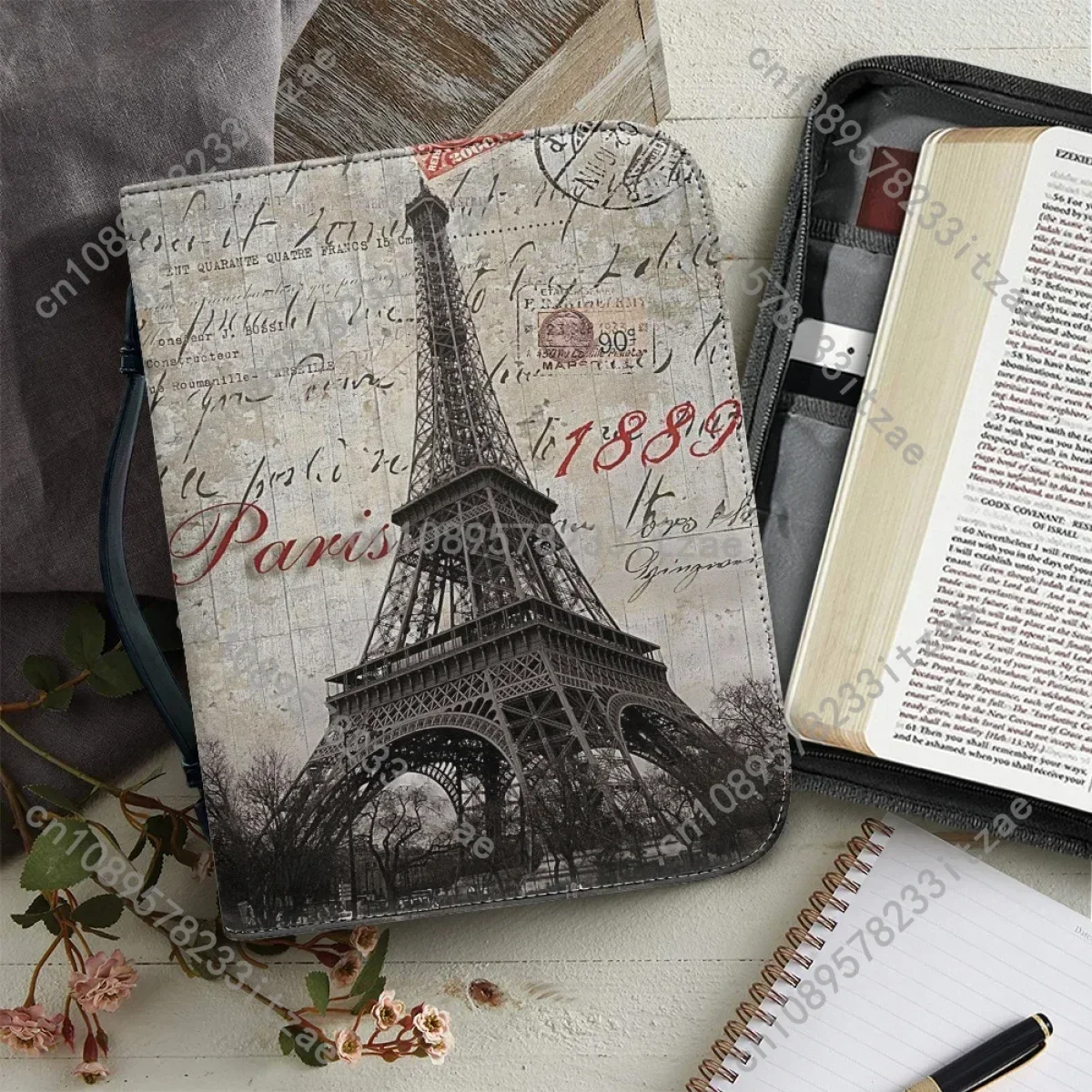 

Women's Bible Cover Case Trendy New Paris Eiffel Tower Pattern Print Leather Handbags Zipper Handle Study Book Holy Storage Boxe