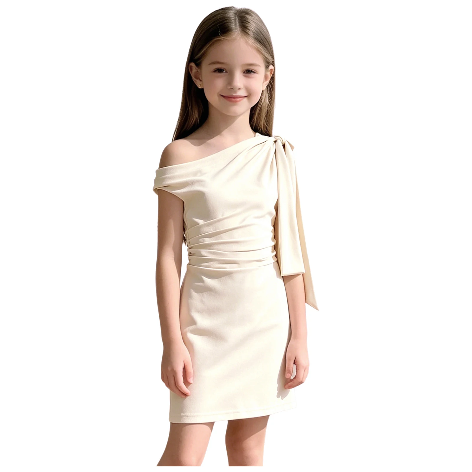 Kids Pageant Wedding Birthday Gowns Girls Asymmetrical Off Shoulder Party Dress Children Sleeveless Ruched Slim Fit Bodycon Dres