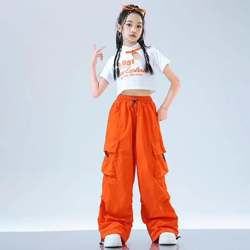 Girls Hip Hop Dancing Crop Top Orange Cargo Pants Boys T-shirt Street Dance Joggers Kids Streetwear Children Jazz Clothes Sets